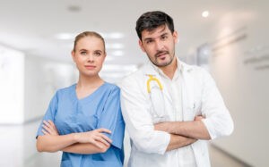 Doctors at hospital office working with another doctor